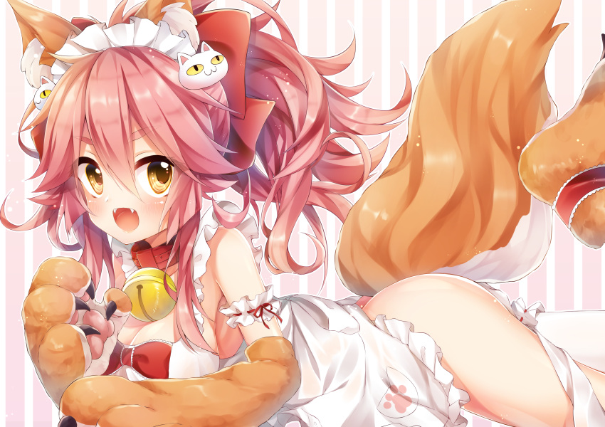 absurdres animal_ear_fluff animal_ears apron bell bell_collar blush breasts cat_hair_ornament cat_paws cleavage collar eyebrows_visible_through_hair fangs fate/grand_order fate_(series) fox_ears fox_tail gloves hair_ornament hair_ribbon highres jingle_bell kinosaki_yuuta large_breasts long_hair looking_at_viewer maid_headdress naked_apron open_mouth paw_gloves paw_shoes paws pink_hair ponytail red_ribbon ribbon shoes sideboob solo tail tamamo_(fate)_(all) tamamo_cat_(fate)