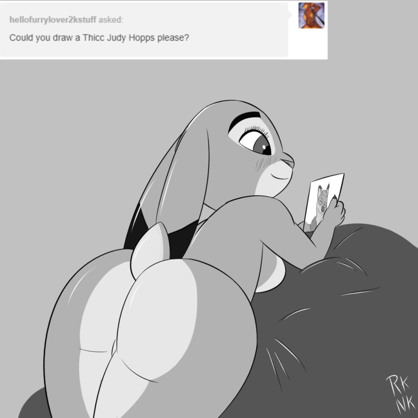 2018 absurd_res anthro avian bed big_breasts big_butt big_eyes bird blush breasts butt canine disney female fox fur grey_fur greyscale hi_res huge_breasts huge_butt judy_hopps lagomorph long_ears looking_at_viewer looking_back lying mammal monochrome nick_wilde nude photo rhuanfps short_tail simple_background solo tumblr zootopia