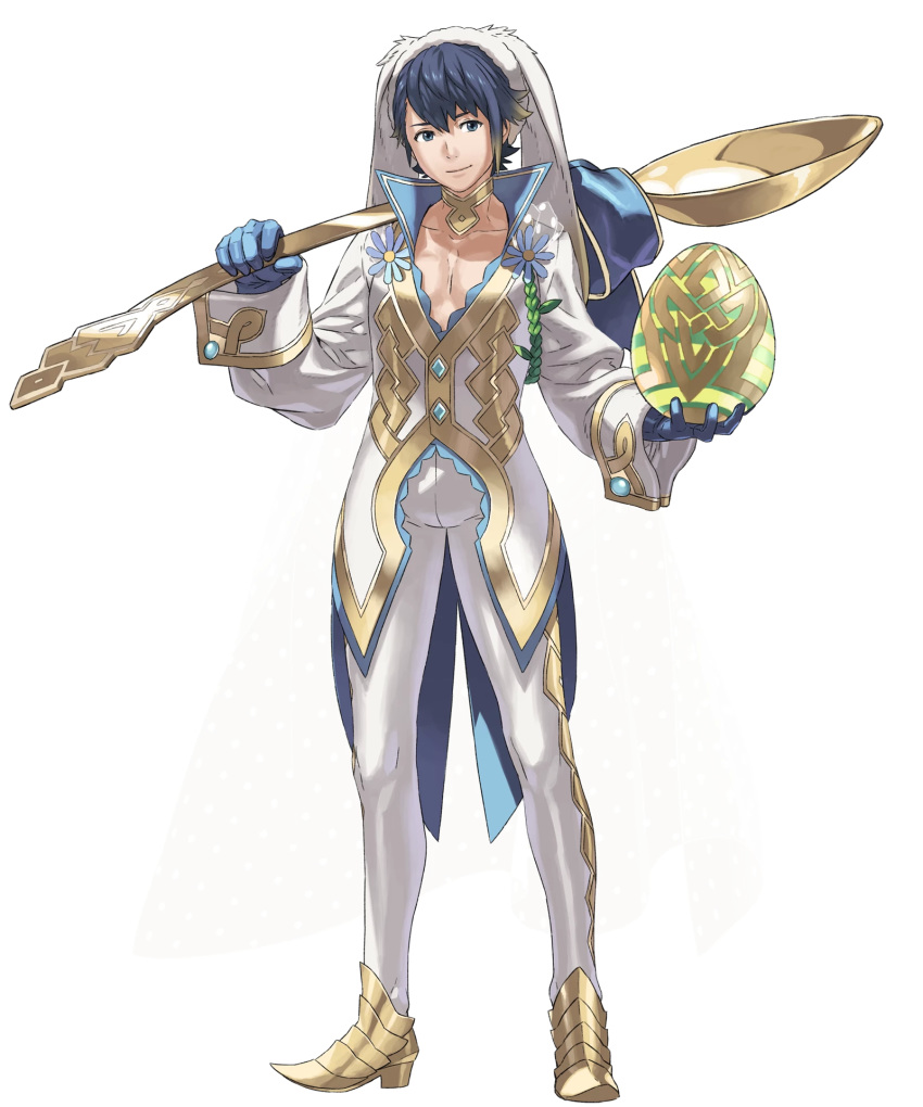 alfonse_(fire_emblem) alternate_costume animal_ears animal_hat blue_gloves blue_hair bunny_ears easter_egg egg fake_animal_ears fire_emblem fire_emblem_heroes full_body gloves hat highres holding kozaki_yuusuke looking_to_the_side male_focus multicolored_hair pectorals see-through smile solo spoon streaked_hair transparent_background