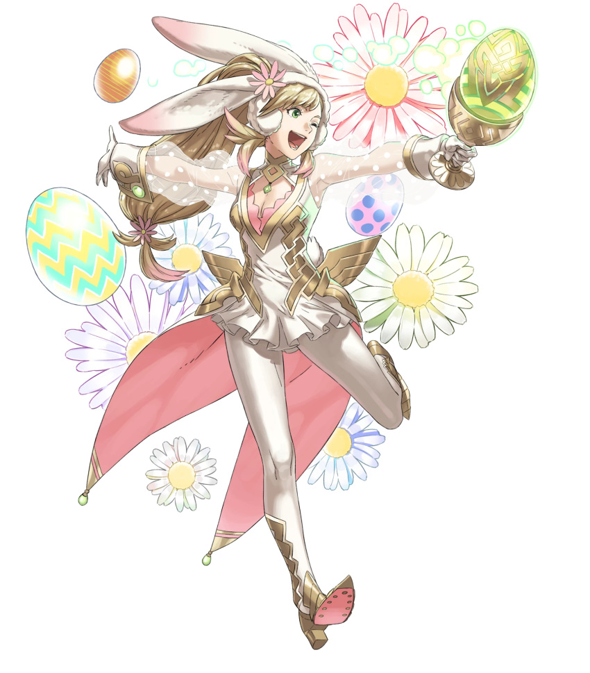 alternate_costume animal_ears bangs blonde_hair breasts bunny_ears bunny_tail cleavage cleavage_cutout cup detached_sleeves dress easter_egg egg fake_animal_ears fire_emblem fire_emblem_heroes flower full_body gloves gradient gradient_hair green_eyes highres holding kozaki_yuusuke long_hair low-tied_long_hair medium_breasts multicolored_hair official_art one_eye_closed open_mouth pink_hair polka_dot see-through sharena short_dress smile solo striped tail transparent_background white_gloves