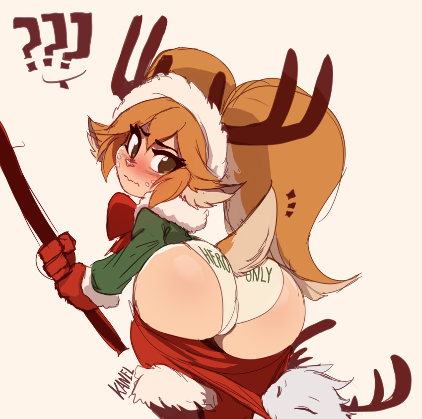 1girl ass blush embarrassed hips kanel league_of_legends panties pants pants_pull poppy poro_(league_of_legends) solo tail wide_hips yordle