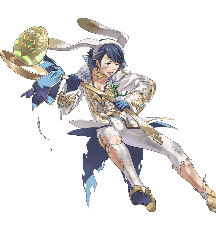 alfonse_(fire_emblem) alternate_costume animal_ears blue_eyes blue_gloves blue_hair bunny_ears collarbone cracked_egg cracked_shell dirty dirty_clothes dirty_face fake_animal_ears feet_out_of_frame fire_emblem fire_emblem_heroes flower gloves hairband highres holding kozaki_yuusuke male_focus multicolored_hair one_eye_closed parted_lips pectorals sweatdrop torn_clothes transparent_background