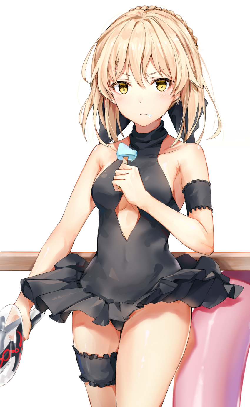 artoria_pendragon_(all) artoria_pendragon_(swimsuit_rider_alter) bangs bare_arms bare_shoulders black_cola blonde_hair braid breasts closed_mouth fate/grand_order fate_(series) food hair_between_eyes hair_ribbon highres holding ice_cream looking_at_viewer medium_breasts ribbon sidelocks swimsuit thigh_strap yellow_eyes