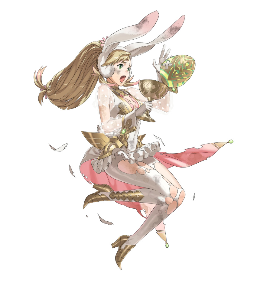 alternate_costume animal_ears bangs blonde_hair breasts bunny_ears cleavage cleavage_cutout cup detached_sleeves dirty_clothes dirty_face dress easter_egg egg fake_animal_ears fire_emblem fire_emblem_heroes full_body gloves gradient gradient_hair green_eyes high_heels highres holding kozaki_yuusuke long_hair low-tied_long_hair medium_breasts multicolored_hair official_art open_mouth pink_hair polka_dot see-through sharena solo torn_clothes transparent_background white_gloves