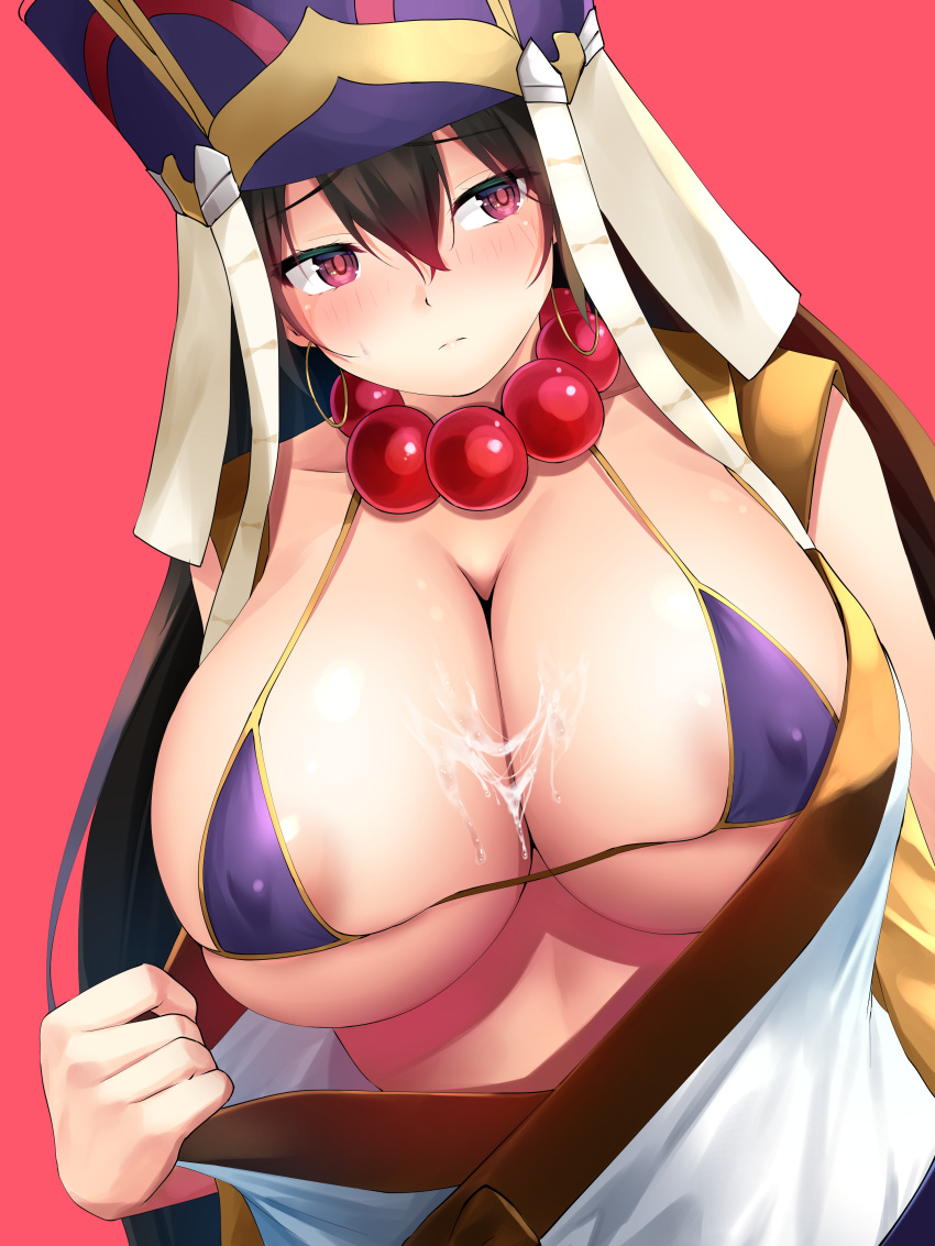 absurdres bead_necklace beads bikini blush breasts brown_hair closed_mouth collarbone commentary_request covered_nipples cum cum_on_body cum_on_breasts cum_on_upper_body dutch_angle earrings fate/grand_order fate_(series) hair_between_eyes hat highres hoop_earrings huge_breasts jewelry looking_to_the_side micro_bikini necklace no_bra oekakizuki purple_bikini purple_eyes red_background ringed_eyes simple_background solo swimsuit undressing upper_body xuanzang_(fate/grand_order)