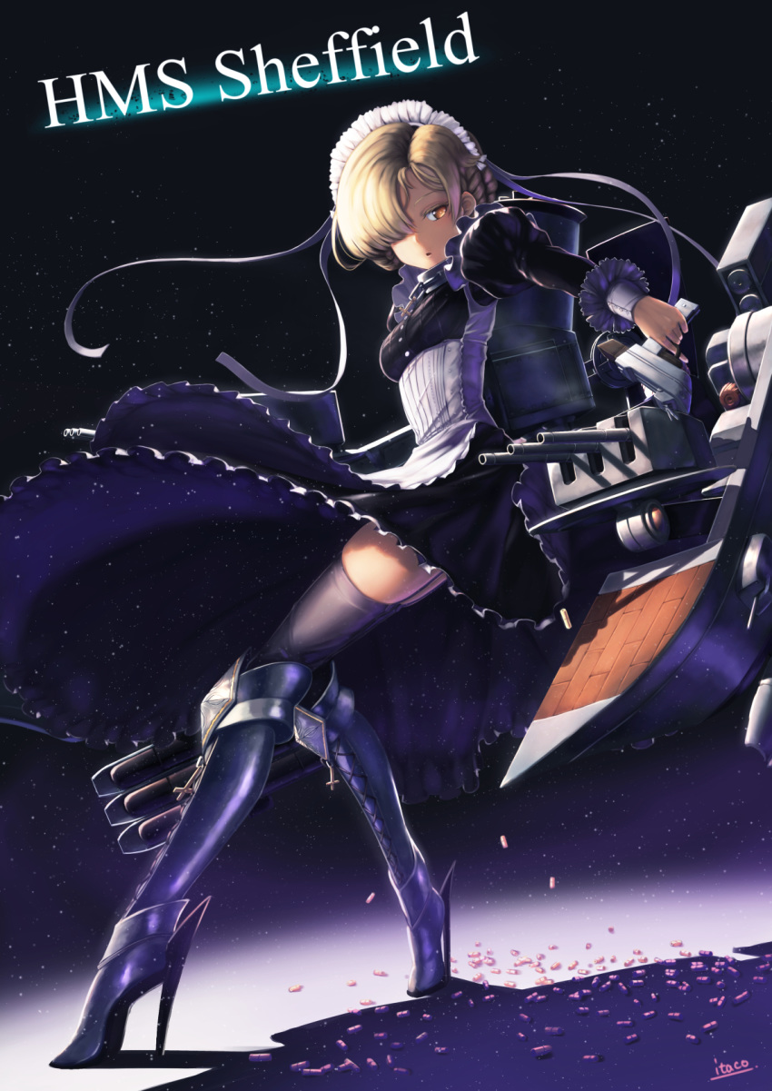 :o apron armor azur_lane blonde_hair boots braid breasts chain character_name collar commentary_request cross dark_background dress dust facing_away frills garter_straps gun hair_over_one_eye high_heel_boots high_heels highres itaco1987 knee_boots knee_pads long_sleeves looking_at_viewer looking_to_the_side maid maid_apron maid_headdress rigging serious sheffield_(azur_lane) shell short_hair signature small_breasts solo standing thighhighs torpedo torpedo_launcher torpedo_tubes turret weapon white_apron yellow_eyes