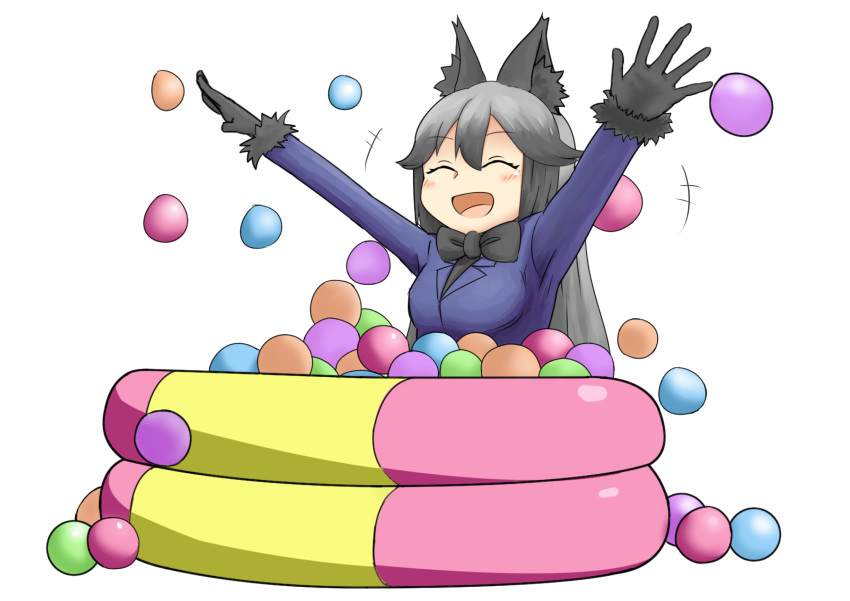 animal_ears arms_up ball ball_pit black_bow black_hair blush bow bowtie closed_eyes commentary_request eyebrows_visible_through_hair fox_ears fur_trim gloves gradient_hair grey_hair happy highres jacket kemono_friends kemono_friends_pavilion long_hair multicolored_hair nitouryuu_sankakkei open_mouth playground_equipment_(kemono_friends_pavilion) silver_fox_(kemono_friends) smile solo