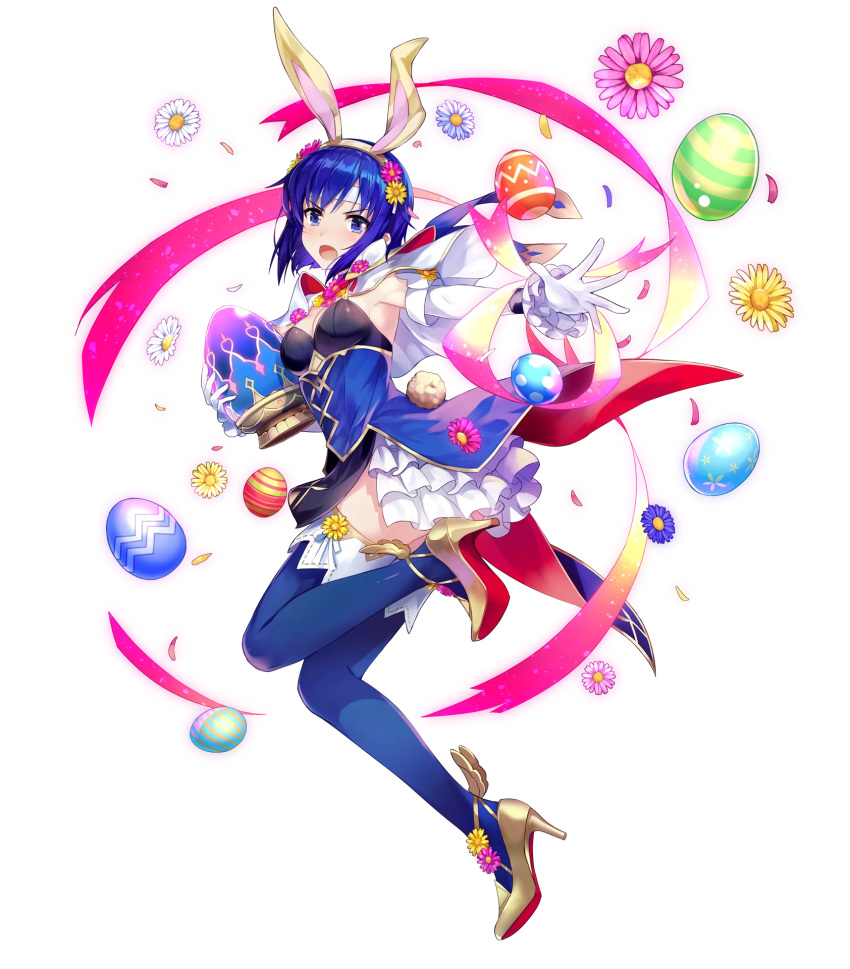 alternate_costume amagai_tarou animal_ears armpits bangs blue_eyes blue_hair blue_legwear breasts bunny_ears capelet cleavage detached_sleeves easter_egg egg elbow_gloves eyebrows_visible_through_hair fake_animal_ears fire_emblem fire_emblem:_monshou_no_nazo fire_emblem_heroes flower frills full_body gloves hair_flower hair_ornament headband high_heels highres holding katua medium_breasts official_art open_mouth pelvic_curtain petals short_hair solo thighhighs transparent_background white_gloves