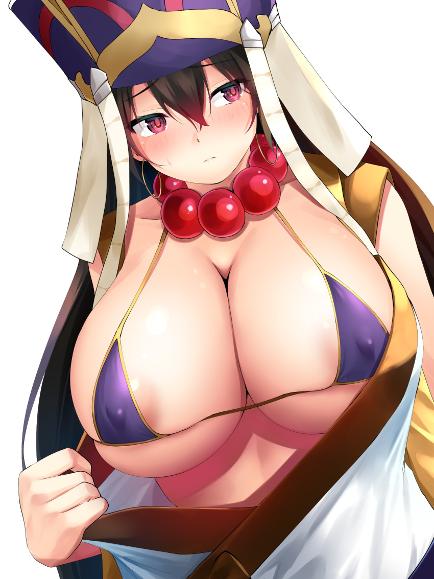 bead_necklace beads bikini blush breasts brown_hair closed_mouth collarbone covered_nipples dutch_angle earrings fate/grand_order fate_(series) hair_between_eyes hat highres hoop_earrings huge_breasts jewelry looking_to_the_side micro_bikini necklace no_bra oekakizuki purple_bikini purple_eyes ringed_eyes simple_background solo swimsuit undressing upper_body white_background xuanzang_(fate/grand_order)