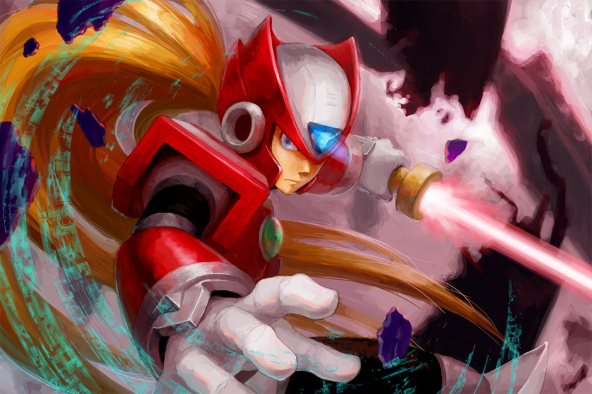 android blonde_hair blue_eyes commentary_request energy_blade energy_sword fighting_stance gloves helmet lightsaber long_hair male_focus rockman rockman_x solo sword weapon white_gloves xi zero_(rockman)