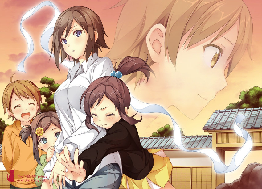 3girls ahoge arms_behind_back black_sweater blue_eyes brown_eyes brown_hair closed_eyes floating_hair flower green_eyes grey_pants hair_bobbles hair_flower hair_ornament hentai_ouji_to_warawanai_neko. high_ponytail highres kantoku long_hair looking_at_viewer miniskirt mother_and_daughter multiple_boys multiple_girls one_side_up open_mouth orange_sweater outdoors pants parted_lips pleated_skirt shirt short_hair siblings sidelocks sisters skirt smile standing sunflower sunset sweater tsutsukakushi_tsukasa tsutsukakushi_tsukiko tsutsukakushi_tsukushi white_shirt yellow_skirt yokodera_youto younger