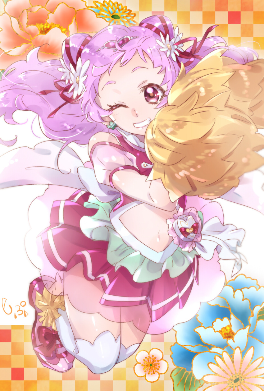 blush cure_yell dress long_hair magical_girl pink_hair red_eyes skirt smile wink