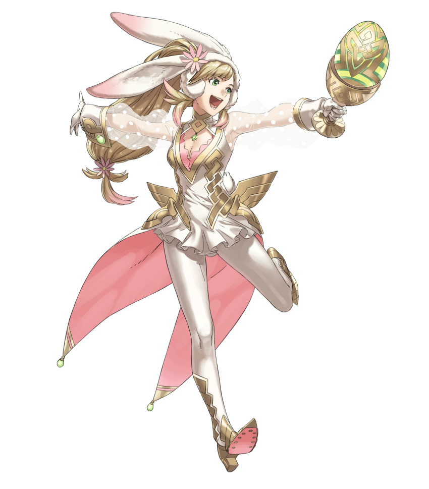 alternate_costume animal_ears bangs blonde_hair breasts bunny_ears bunny_tail cleavage cleavage_cutout cup detached_sleeves dress easter_egg egg fake_animal_ears fire_emblem fire_emblem_heroes full_body gloves gradient gradient_hair green_eyes highres holding kozaki_yuusuke leg_up long_hair looking_away low-tied_long_hair medium_breasts multicolored_hair official_art open_mouth pink_hair polka_dot see-through sharena solo striped tail transparent_background white_gloves