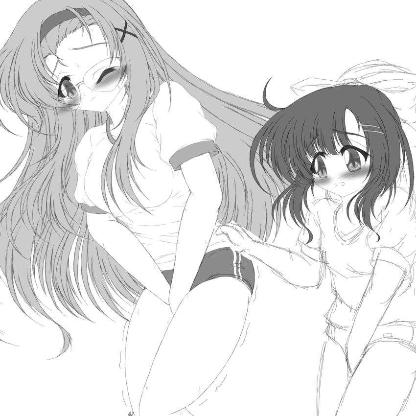 2girls between_legs blush breasts buruma cropped embarrassed eyebrows_visible_through_hair female glasses greyscale gym_uniform hair_ornament hair_ribbon hairband hand_between_legs hand_up hands_together have_to_pee highres kishima_tower long_hair medium_breasts monochrome multiple_girls one_eye_closed original revision ribbon shirt short_hair short_sleeves simple_background sketch standing trembling v_arms white_background x_hair_ornament