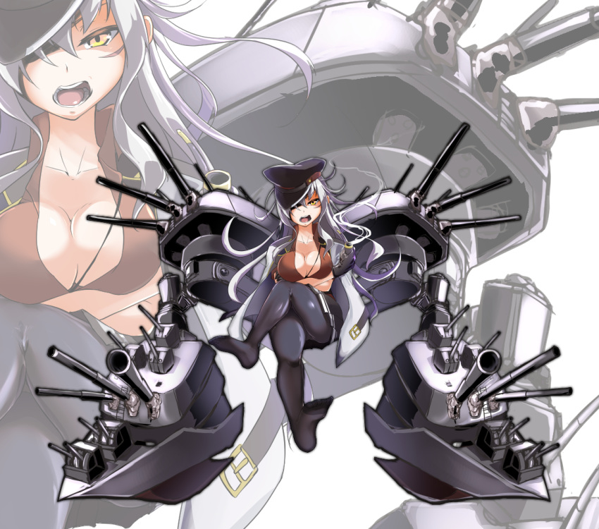 armor black_legwear breasts commentary_request crossed_legs facial_scar gangut_(kantai_collection) grey_hair gun hat jacket_on_shoulders kantai_collection large_breasts long_hair long_sleeves looking_at_viewer military military_hat military_jacket military_uniform naval_uniform open_mouth pantyhose peaked_cap pipe ryuu_tou scar scar_on_cheek solo turret uniform weapon yellow_eyes