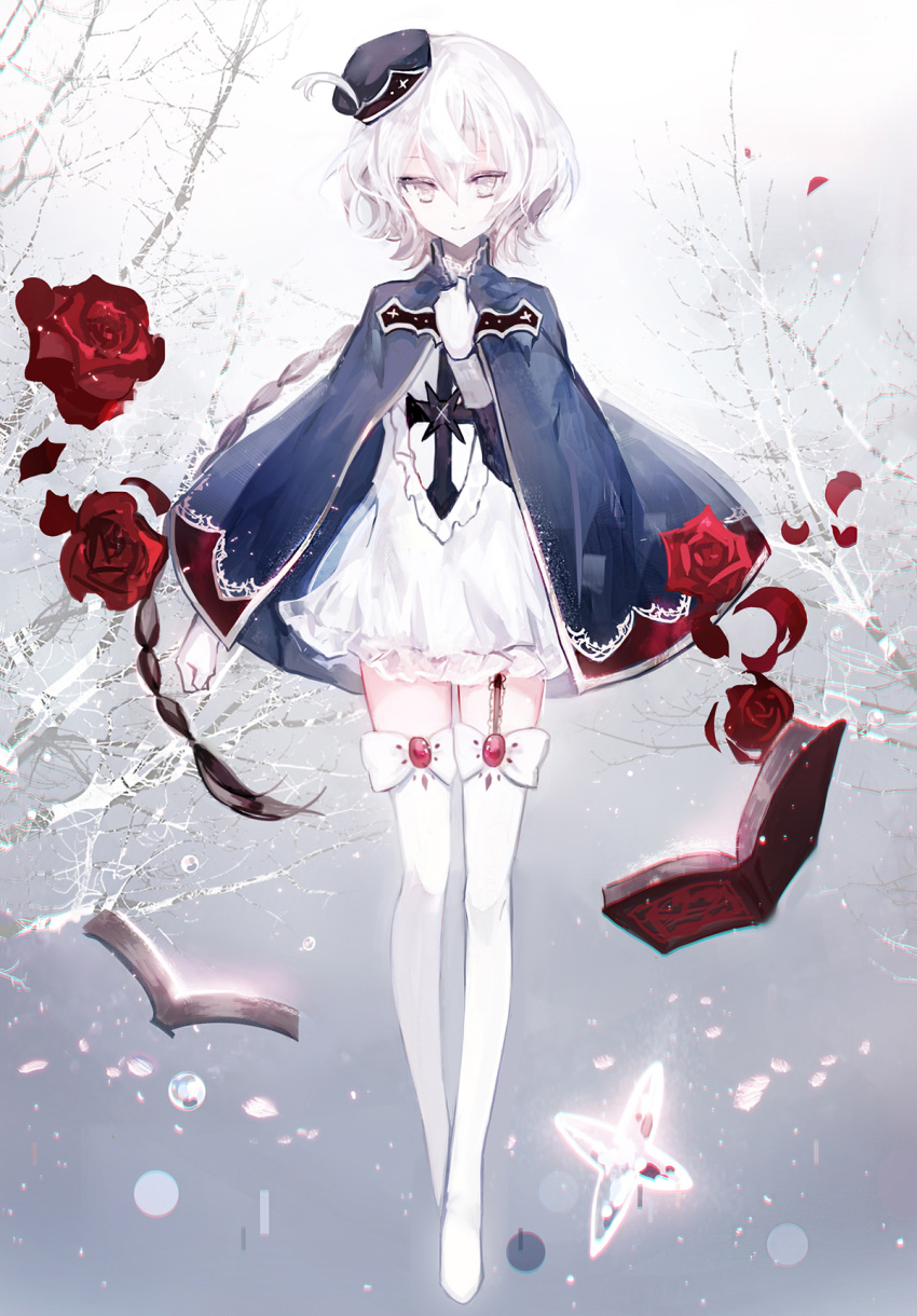 bangs black_hat blue_cape book boots bow braid cape closed_mouth commentary_request dress flower full_body garter_straps gloves hair_between_eyes hand_on_own_chest hand_up hat highres long_hair long_sleeves looking_at_viewer moemoe3345 open_book original petals red_flower red_rose rose rose_petals smile solo thigh_boots thighhighs tree_branch very_long_hair white_bow white_dress white_eyes white_footwear white_gloves white_hair white_legwear
