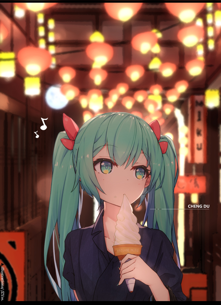 alley alternate_costume aqua_eyes aqua_hair aqua_nails artist_name bangs black_shirt blurry blurry_background blush casual collared_shirt depth_of_field eating eighth_note eyebrows_visible_through_hair eyelashes fingernails food food_on_face hair_ribbon hatsune_miku highres holding holding_food ice_cream ice_cream_cone lantern lens_flare long_fingernails long_hair looking_away looking_to_the_side musical_note nail_polish outdoors paper_lantern red_ribbon ribbon shiny shiny_hair shirt solo tareme town twintails upper_body vocaloid watermark web_address zhayin-san