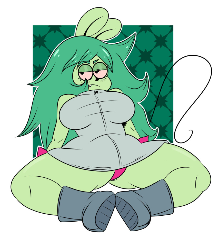 2017 anthro big_breasts boots breasts cartoon_network clothed clothing eyelashes fangs female fink_(ok_k.o.!_lbh) footwear frown fur gloves green_eyes green_fur green_hair hair hi_res lab_coat long_hair mammal mouse ok_k.o.!_let's_be_heroes panties pink_sclera rodent simple_background sitting sleeveless solo sonson-sensei spread_legs spreading thick_thighs underwear villainous voluptuous wide_hips