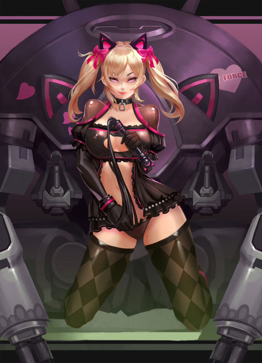 adapted_costume alternate_costume alternate_eye_color animal_ears argyle argyle_legwear babydoll black_bra black_cat_d.va black_dress black_gloves black_legwear black_panties blcat4444 blonde_hair bow bra breasts cat_cutout cat_ear_panties cat_ears cat_lingerie checkered checkered_legwear choker cleavage cleavage_cutout contrapposto controller d.va_(overwatch) dress eyeliner frilled_bra frills full_body gloves heart highres holding_whip joystick kneeling large_breasts light_smile lips lolita_fashion long_sleeves looking_at_viewer makeup mecha medium_hair meka_(overwatch) meme_attire navel overwatch panties pink_bow pink_lips puffy_sleeves purple_eyes seductive_smile smile solo thighhighs twintails underwear whip