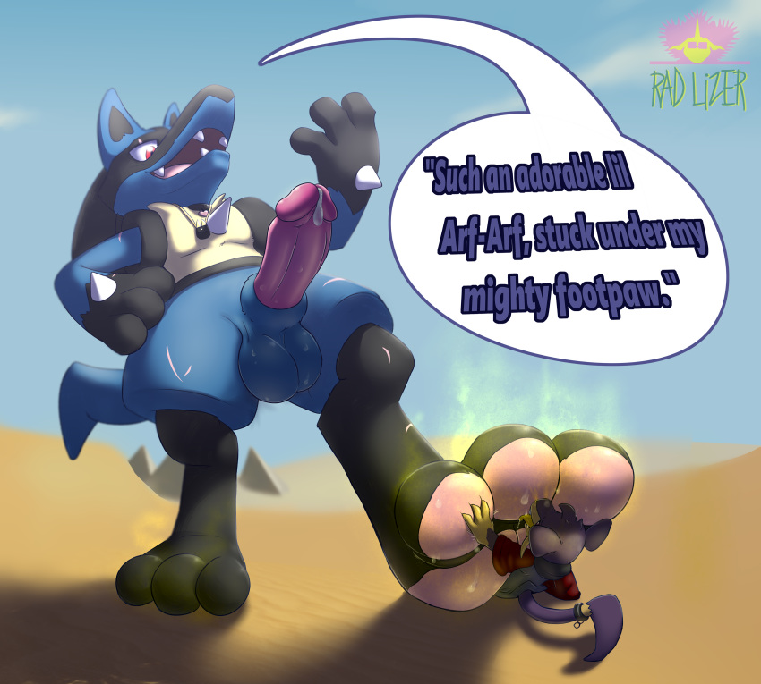&lt;3 absurd_res anthro anthro_on_anthro balls barefoot canine clothed clothing collar cum cum_on_penis dialogue english_text erection fan_character fangs foot_fetish fur hi_res humanoid_penis jewelry licking long_ears looking_down lucario male male/male mammal micro necklace nintendo nude outside pawpads paws penis pok&eacute;mon pok&eacute;mon_(species) rad-lizer rattata red_eyes rodent scar sharp_teeth shirt size_difference smelly smelly_feet smile spikes standing sweat teeth text tongue tongue_out video_games whiskers