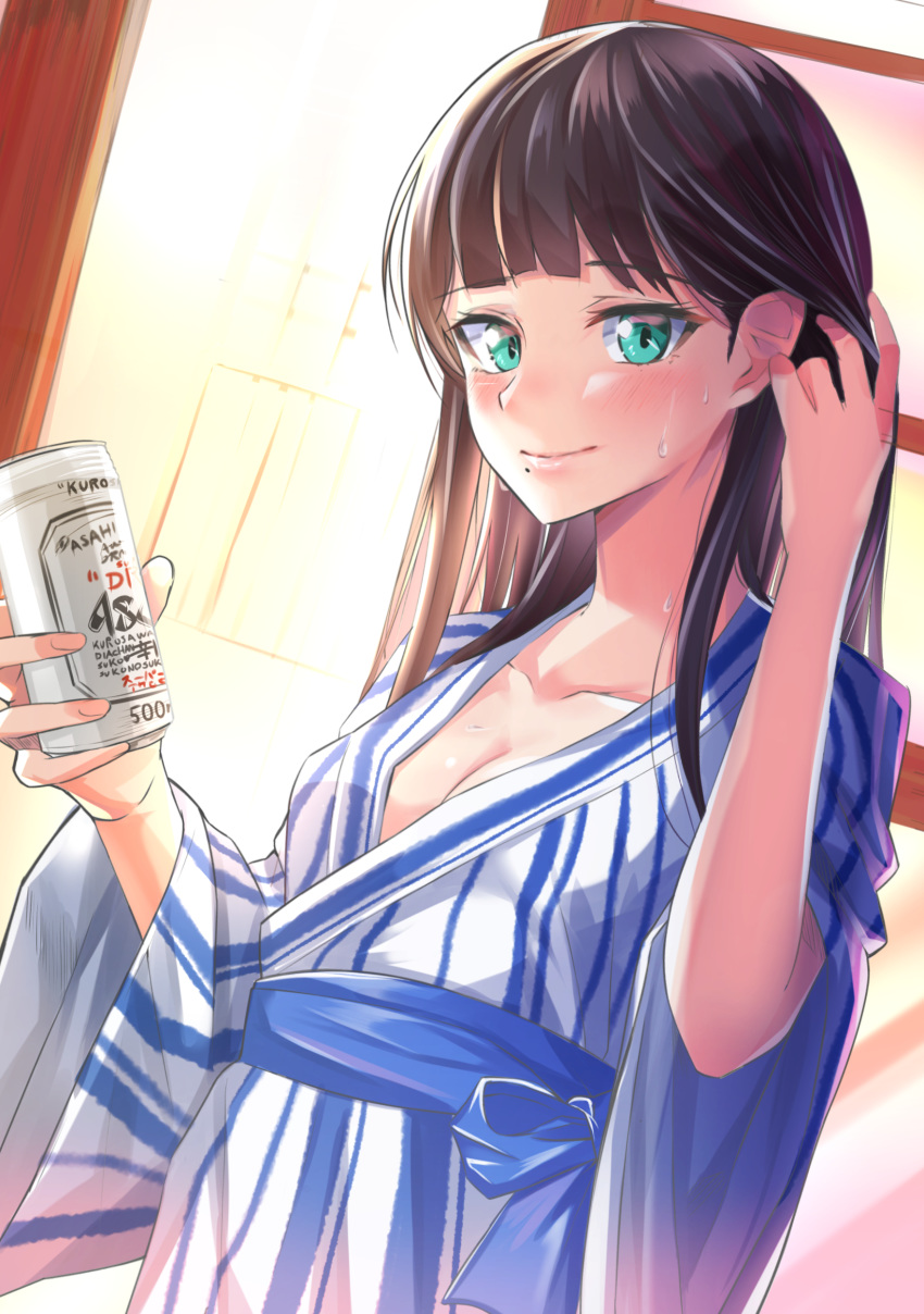 absurdres aqua_eyes asahi_breweries bangs beer_can black_hair breasts can cleavage collarbone commentary_request hair_behind_ear hair_tucking highres holding holding_can japanese_clothes kimono kurosawa_dia long_hair looking_at_viewer love_live! love_live!_sunshine!! medium_breasts mole mole_under_mouth sash shaka_(staito0515) smile solo striped sweat upper_body vertical-striped_kimono vertical_stripes yukata