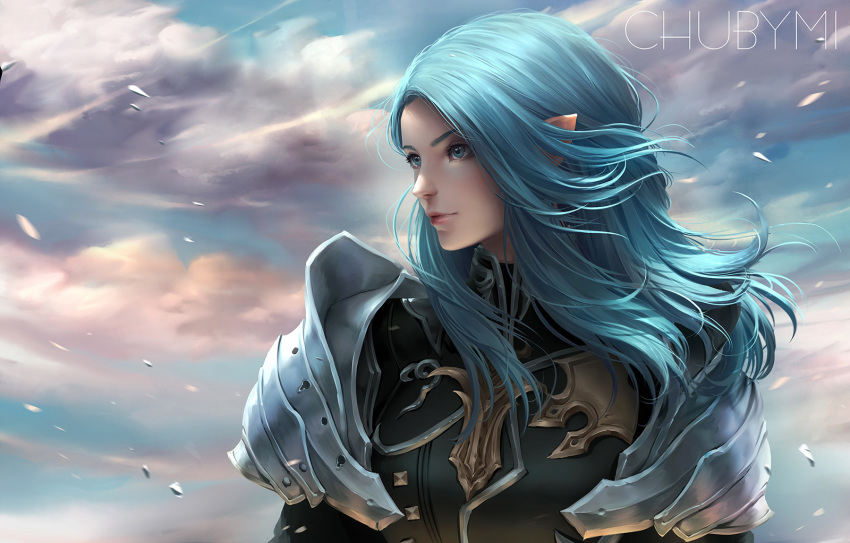 armor artist_name blue_eyes blue_hair chuby_mi closed_mouth cloud day elezen elf final_fantasy final_fantasy_xiv highres lips long_hair looking_to_the_side pauldrons pointy_ears solo warrior_(final_fantasy) wind