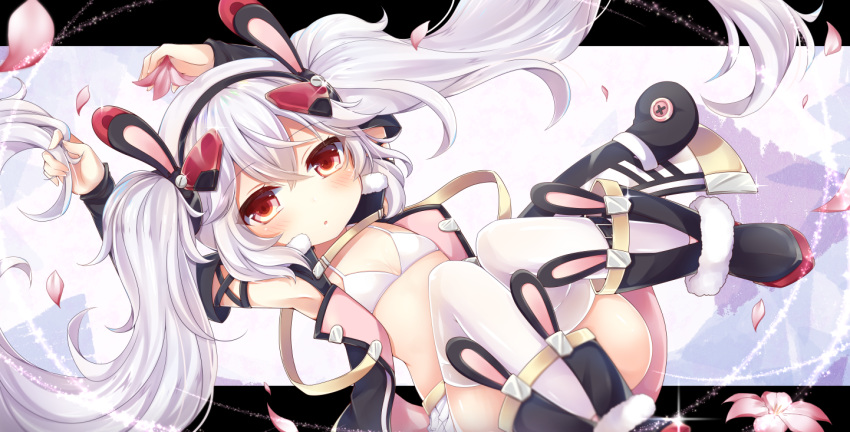 :o animal_ears arms_up azur_lane bangs bare_shoulders bikini_top black_footwear black_hairband black_jacket blush bunny_ears commentary_request detached_sleeves eyebrows_visible_through_hair floating_hair flower fur-trimmed_boots fur_trim hair_between_eyes hair_ornament hairband holding holding_hair jacket laffey_(azur_lane) long_hair long_sleeves looking_at_viewer open_clothes open_jacket parted_lips petals pink_flower pleated_skirt red_eyes silver_hair skirt sleeveless_jacket solo thighhighs thighhighs_under_boots twintails very_long_hair white_bikini_top white_legwear white_skirt yukiyuki_441