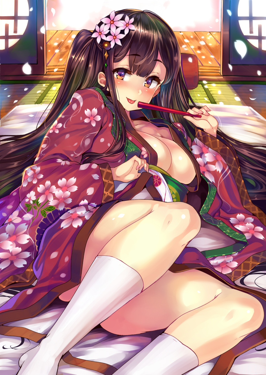 :p bangs blunt_bangs blush breasts brown_eyes brown_hair cherry_blossoms cleavage closed_fan collarbone commentary_request day eyebrows_visible_through_hair eyelashes fan fingernails floral_print flower folding_fan futon hair_flower hair_ornament highres holding holding_fan indoors japanese_clothes kimono kneehighs large_breasts long_fingernails long_hair looking_at_viewer lying nail_polish no_bra no_panties obi off_shoulder on_back open_clothes open_kimono original petals pink_nails porch sash shiokonbu sitting sliding_doors smile solo tatami thighs tongue tongue_out twintails veranda very_long_hair white_legwear wide_sleeves