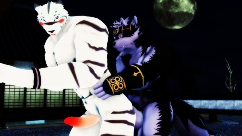 3d_(artwork) abs anal anal_penetration anthro balls biceps big_muscles blue_eyes blush canine crossover digital_media_(artwork) duo feline fur grimoire_of_zero headband horkeukamui humanoid_penis kemono male malicekira mammal mercenary_(character) multicolored_fur muscular muscular_male night nipples nude open_mouth outside pecs penetration penis sex smile stripes tiger tokyo_afterschool_summoners white_fur white_tiger wolf