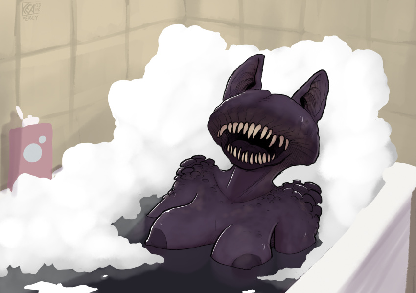 anthro bath big_breasts breasts bubble cat fangs feline female fungi_fauna fur kea_(artist) mammal monster mushroom nightmare_fuel nipples nude open_mouth percy_(pyr3) purple_fur purple_nipples solo what