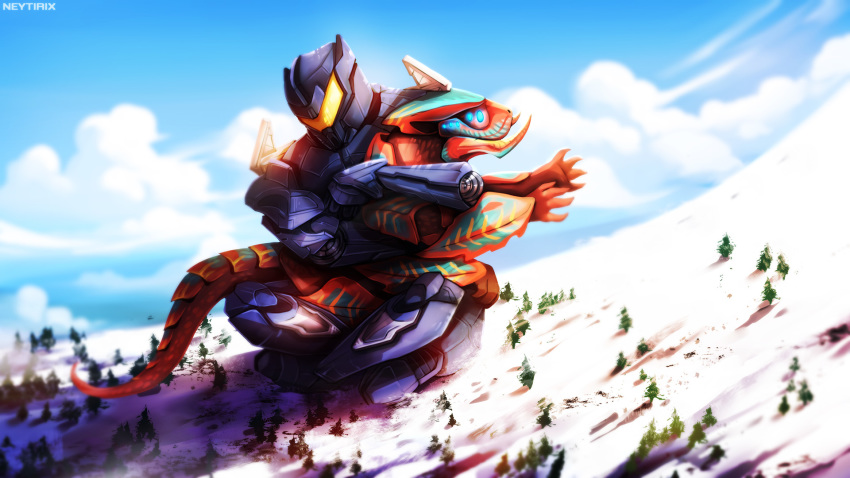 2018 claws day detailed_background digital_media_(artwork) duo feral hug kaiju machine neytirix outside robot sky snow