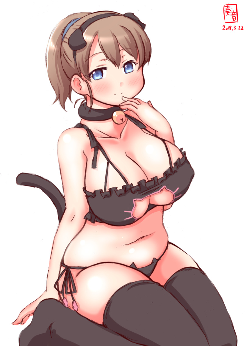 artist_logo bell bell_choker black_bra black_legwear black_panties blue_eyes bra breasts brown_hair cat_cutout cat_ear_panties cat_lingerie choker cleavage_cutout commentary_request dated frilled_bra frills highres intrepid_(kantai_collection) jingle_bell kanon_(kurogane_knights) kantai_collection large_breasts meme_attire panties ponytail short_hair side-tie_panties simple_background sitting solo thighhighs underwear underwear_only wariza white_background
