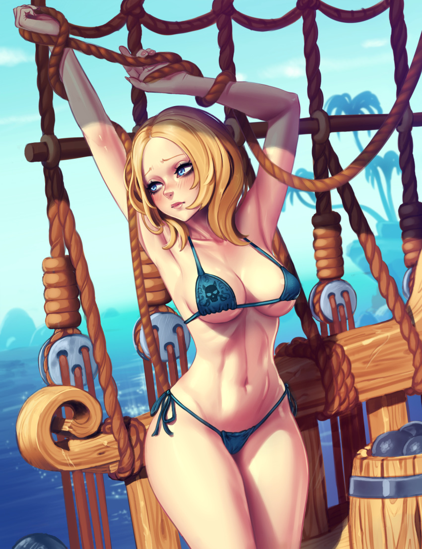 absurdres armpits arms_up barrel bikini blonde_hair blue_bikini blue_eyes blue_ribbon blush breasts cannonballs cleavage closed_mouth collarbone copyright_request cowboy_shot day forehead highres lips looking_away looking_to_the_side medium_breasts micro_bikini nail_polish navel nikita_varb ocean outdoors palm_tree pink_nails print_bikini ribbon rope shade ship side-tie_bikini skull_print solo sparkle standing stomach swimsuit thighs toned tree underboob water watercraft wood