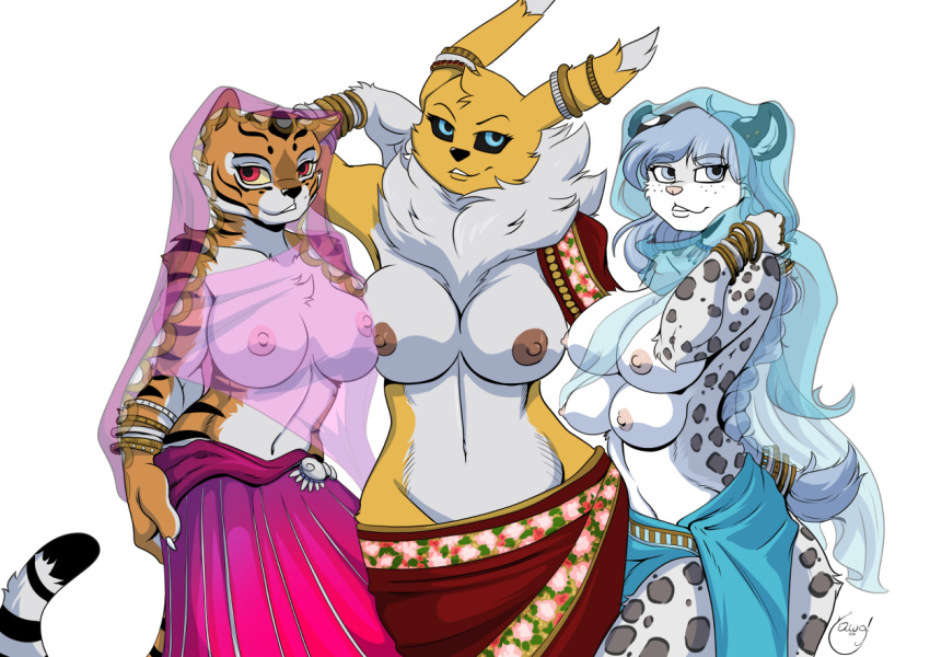 4_breasts anthro big_breasts breast_size_difference breasts clothed clothing digimon feline female group kung_fu_panda looking_at_viewer mammal master_tigress multi_breast nipples renamon sheer_clothing smile standing tiger topless translucent transparent_clothing wide_hips yawg