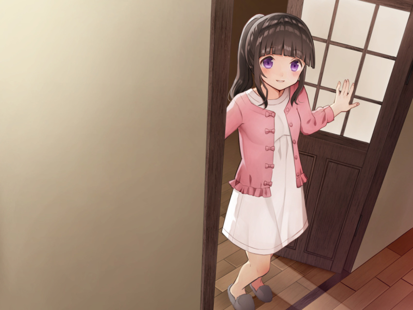 bangs blush breasts brown_hair commentary_request dress eyebrows_visible_through_hair fingernails indoors jacket kurata_rine long_hair long_sleeves looking_at_viewer open_clothes open_door open_jacket original parted_lips pink_jacket ponytail purple_eyes sidelocks small_breasts smile solo white_dress yandere