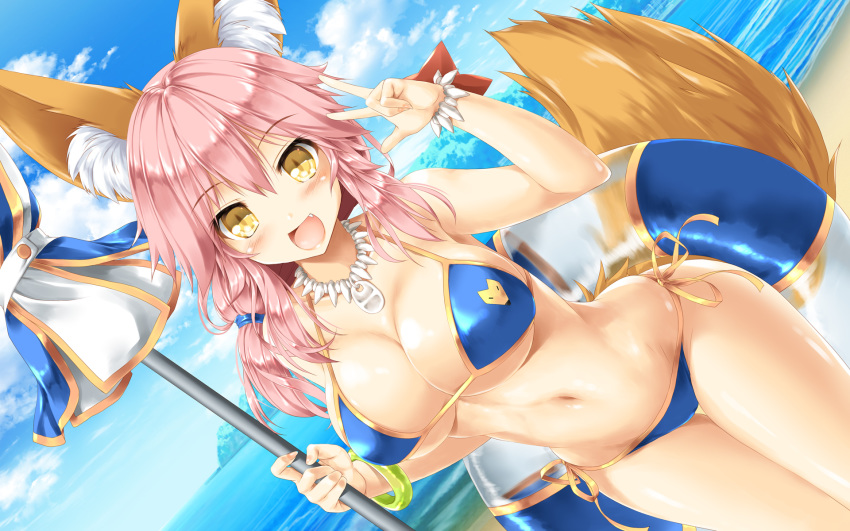 :d animal_ears bangle bangs bare_arms bare_shoulders beach beach_umbrella bikini blue_bikini blue_sky blush bone_necklace bracelet breasts cleavage closed_umbrella cloud collarbone cowboy_shot day dutch_angle eyebrows_visible_through_hair fang fate/grand_order fate_(series) foreshortening fox_ears fox_tail hair_tie head_tilt highres holding holding_umbrella horizon innertube island jewelry kamiya_tomoe large_breasts leaning_forward long_hair looking_at_viewer low_ponytail nail_polish navel ocean open_mouth pink_hair pink_nails ribbon sand shiny shiny_clothes shiny_hair shore side-tie_bikini sky smile solo standing stomach string_bikini swimsuit tail tamamo_(fate)_(all) tamamo_no_mae_(swimsuit_lancer)_(fate) tareme thigh_gap thighs umbrella underboob v water yellow_eyes yellow_ribbon
