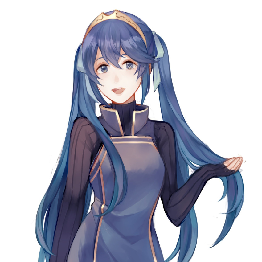alternate_hairstyle blue_hair fire_emblem fire_emblem:_kakusei gloves highres long_hair looking_at_viewer lucina one_eye_closed simple_background smile solo thelongmile tiara twintails white_background