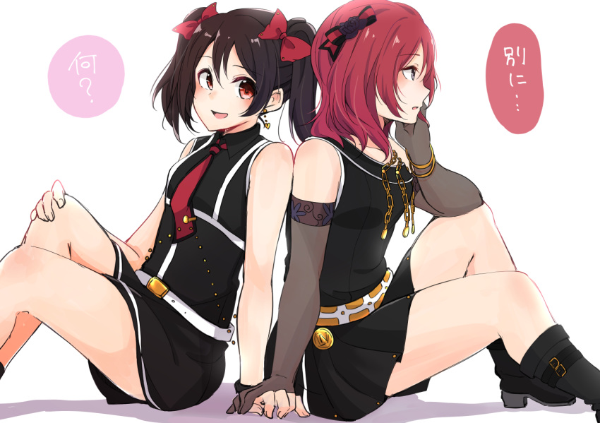 :d back-to-back belt black_hair black_legwear black_skirt boots bow bracelet chain diamond_princess_no_yuuutsu earrings elbow_gloves elbow_on_knee gloves gold_chain hair_bow hand_on_own_cheek holding_hands jewelry knees_up love_live! love_live!_school_idol_project multiple_girls necktie nishikino_maki open_mouth red_bow red_eyes red_hair red_neckwear rurika_seijin simple_background sitting skirt sleeveless smile tie_clip translation_request twintails white_background yazawa_nico yuri