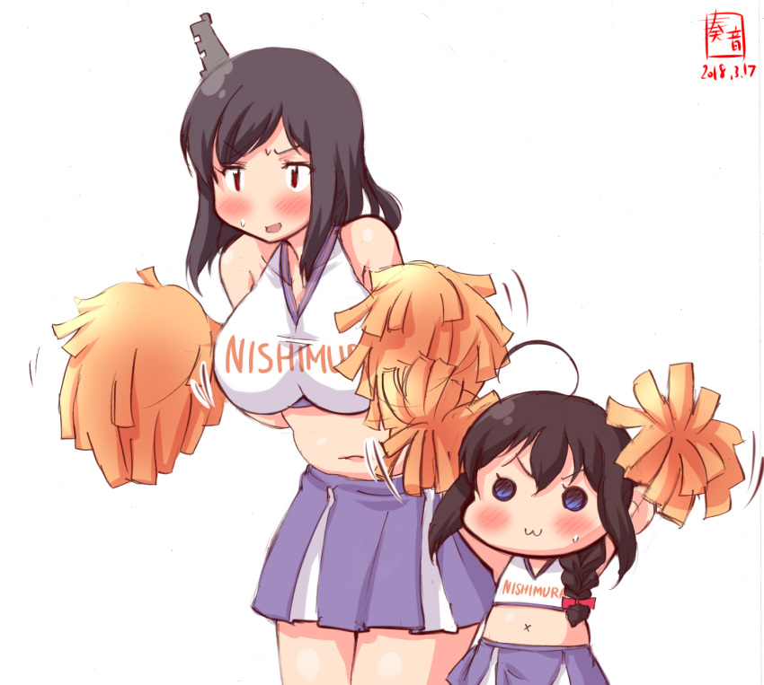 :3 ahoge artist_logo black_hair blue_eyes blush breasts cheerleader commentary_request dated hair_ornament hair_over_shoulder highres kanon_(kurogane_knights) kantai_collection large_breasts leaning_forward long_hair midriff multiple_girls navel no_nose pleated_skirt pom_poms purple_skirt red_eyes shigure_(kantai_collection) simple_background skirt standing white_background yamashiro_(kantai_collection) younger