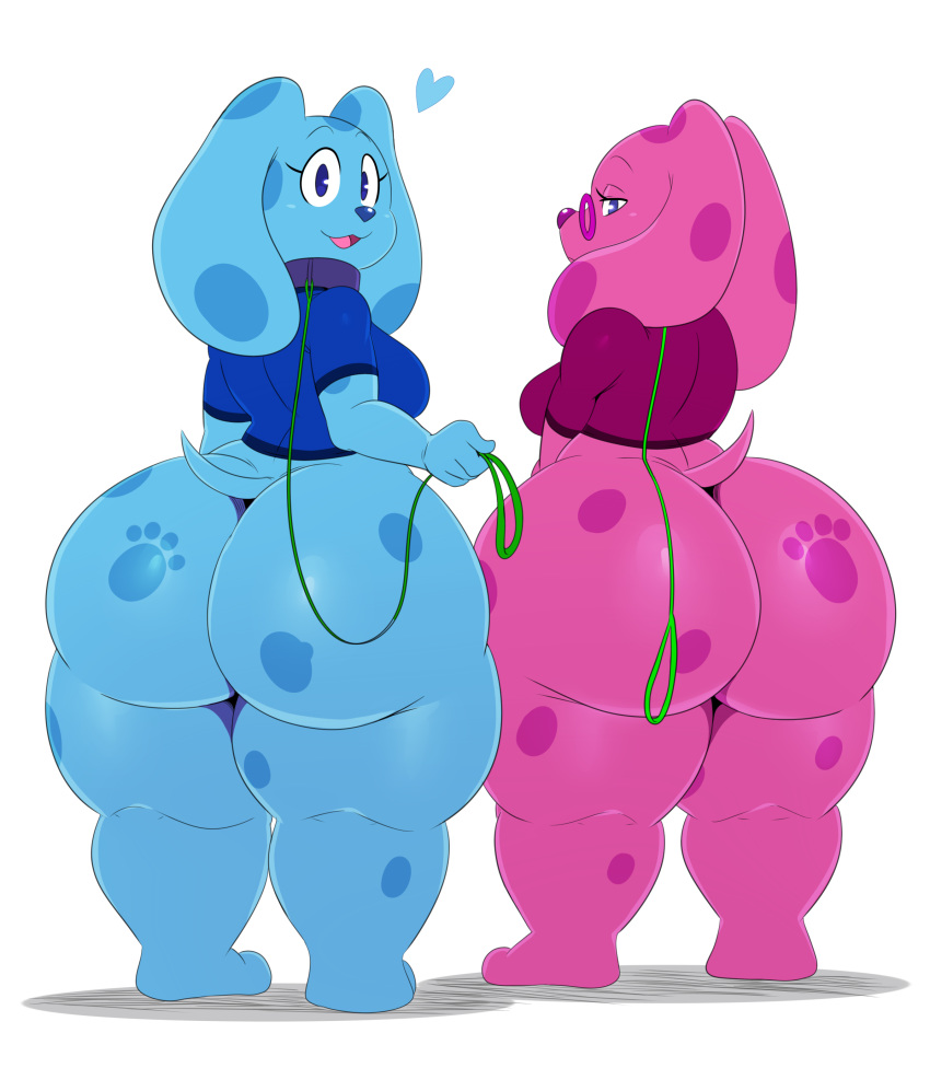 &lt;3 2018 absurd_res aged_up anthro anthrofied big_butt big_thighs biped blue's_clues blue_(blue's_clues) blue_eyes blue_nose bottomless breasts butt canine clothed clothing collar digital_media_(artwork) dog duo eyewear female glasses hi_res huge_butt huge_hips leash looking_at_viewer looking_back magenta_(blue's_clues) mammal obese open_mouth open_smile overweight overweight_female rear_view shirt short_stack simple_background smile spots sssonic2 standing thick_thighs toes voluptuous white_background wide_hips