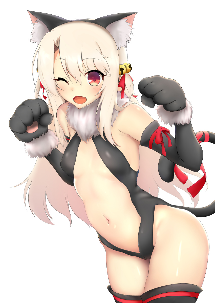 absurdres animal_ears black_gloves black_legwear black_leotard breasts cat_ears cat_tail commentary coyomin elbow_gloves fate/kaleid_liner_prisma_illya fate_(series) full_body fur_trim gloves highleg highleg_leotard highres illyasviel_von_einzbern legs_together leotard long_hair looking_at_viewer navel open_mouth paw_gloves paws red_eyes red_ribbon revealing_clothes ribbon shiny shiny_hair shiny_skin silver_hair simple_background small_breasts solo standing tail thighhighs white_background