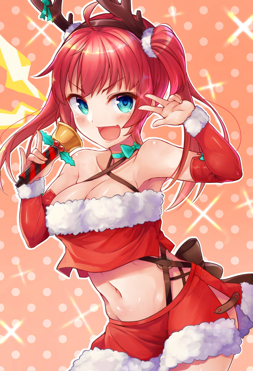 ahoge azur_lane bare_shoulders bell blush bow breasts christmas cleavage collarbone eyebrows_visible_through_hair green_bow green_eyes hairband heart heart-shaped_pupils highres large_breasts long_hair looking_at_viewer navel open_mouth red_hair san_diego_(azur_lane) smile solo symbol-shaped_pupils tenneko_yuuri twintails v