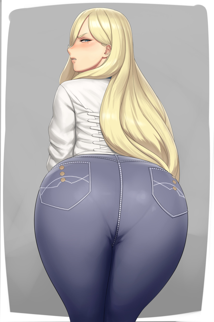 aqua_eyes ass ass_focus blonde_hair blue_pants blush border clenched_teeth commentary cross-laced_clothes denim english_commentary from_behind grey_background hair_over_one_eye half-closed_eye highres jeans kantai_collection leaning_forward legs_together lips long_hair long_sleeves looking_at_viewer looking_back lvl_(sentrythe2310) mole mole_under_eye mole_under_mouth outside_border pants pantylines pocket richelieu_(kantai_collection) shirt simple_background solo standing teeth very_long_hair wavy_hair white_border white_shirt