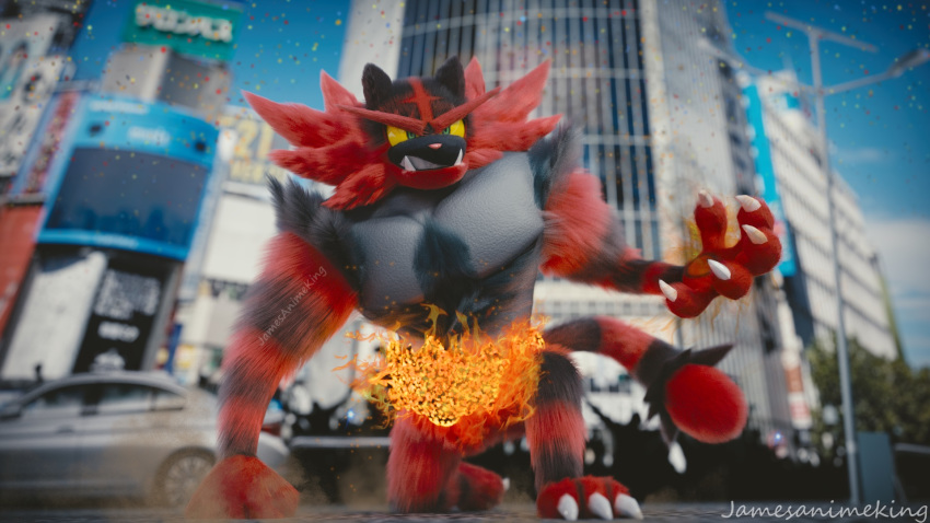 2017 3_toes 3d_(artwork) 5_fingers action_pose ambiguous_gender anthro arm_support biped black_fur black_tail blurred_background building bush_(disambiguation) car cheek_tuft city cityscape claws clenched_teeth detailed detailed_fur digital_media_(artwork) dust fangs feline fire front_view frown full-length_portrait fur grey_fur hi_res incineroar jamesanimeking kneeling long_tail looking_away mammal multicolored_fur muscular muscular_ambiguous nintendo nude outside pink_nose pok&eacute;mon pok&eacute;mon_(species) portrait pose red_fur red_tail shoulder_tuft solo striped_tail stripes teeth toe_claws toes tuft two_tone_tail unibrow vehicle video_games wallpaper white_claws
