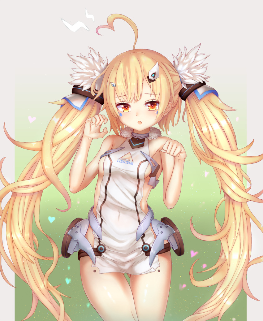 :o ahoge ass_visible_through_thighs azur_lane bangs bare_arms bare_shoulders blonde_hair blush breasts brown_eyes character_name chicami collarbone commentary_request covered_navel cowboy_shot dress eldridge_(azur_lane) eyebrows_visible_through_hair facial_mark fang fingernails fur_trim hair_ornament hands heart highres lightning_bolt long_hair looking_at_viewer medium_breasts parted_lips sleeveless sleeveless_dress solo twintails very_long_hair white_dress