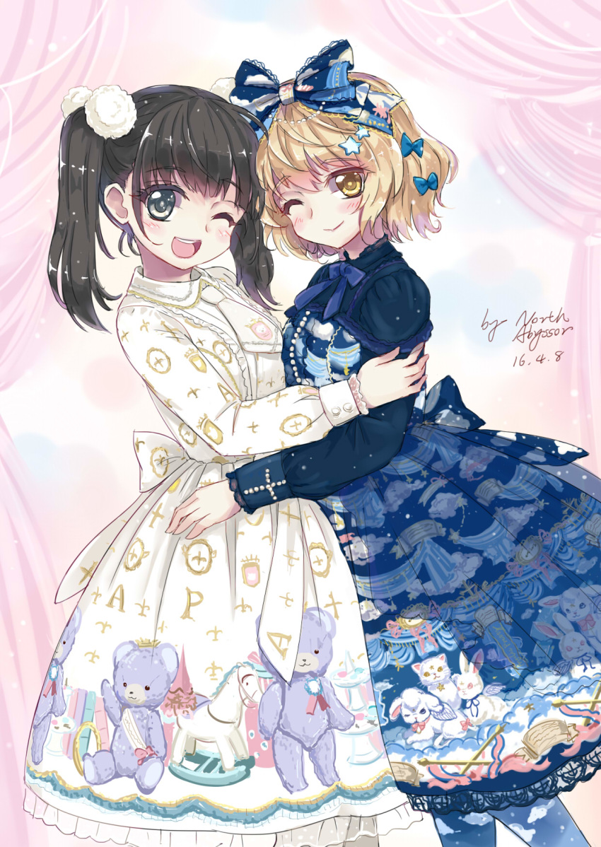 ;d angelic_pretty animal_print artist_name bangs bear_print black_eyes black_hair blonde_hair blue_bow blue_dress blue_neckwear bow center_frills cloud_print commentary curtains dated dress frilled_sleeves frills hair_bobbles hair_bow hair_ornament highres hug lace lace-trimmed_dress lolita_fashion looking_at_viewer multiple_girls neck_ribbon necktie north_abyssor one_eye_closed open_mouth original pantyhose pink_curtains print_dress print_legwear ribbon rocking_horse short_hair smile star star_hair_ornament stuffed_animal stuffed_toy teddy_bear twintails white_dress white_neckwear