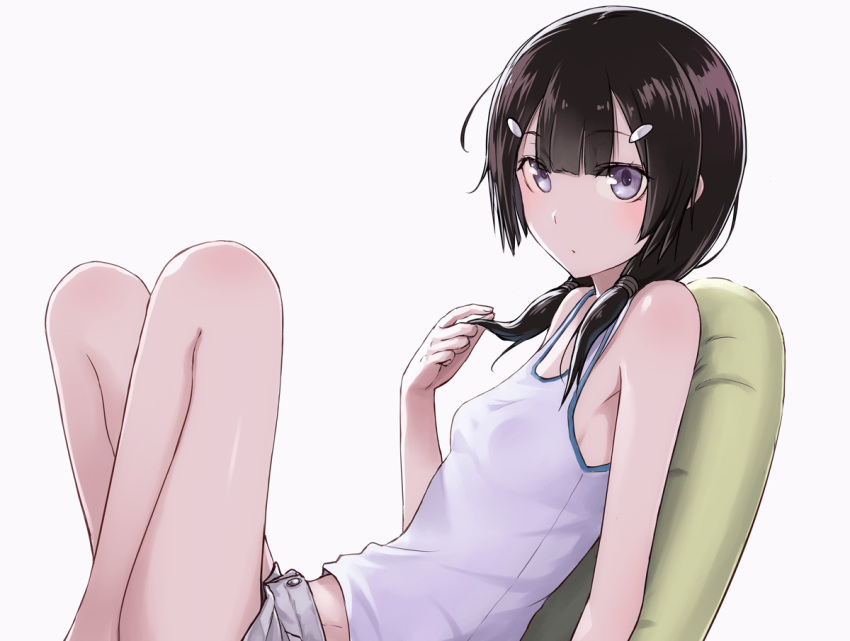 bangs bare_arms bare_legs bare_shoulders black_hair blunt_bangs blush breasts closed_mouth commentary eyebrows_visible_through_hair hair_ornament hairclip knees_up long_hair looking_at_viewer low_twintails midriff original purple_eyes shiny shiny_hair shiny_skin shirt shorts simple_background sitting sleeveless small_breasts solo tank_top tea_(nakenashi) twintails white_background white_shirt white_shorts
