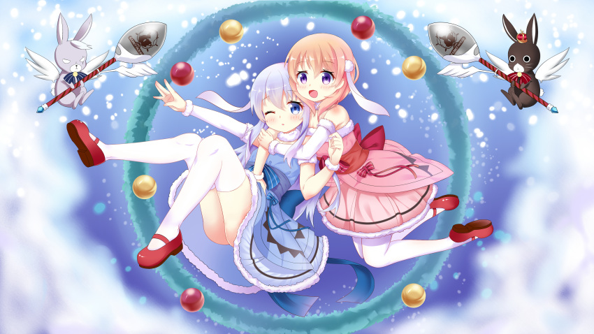 :d ;o absurdres animal anko_(gochiusa) bare_shoulders blue_dress blue_eyes blush bunny chihong_de_tianshi christmas christmas_ornaments christmas_wreath commentary detached_sleeves dress fur-trimmed_skirt fur-trimmed_sleeves fur_trim gochuumon_wa_usagi_desu_ka? highres holding holding_spoon hoto_cocoa hug hug_from_behind kafuu_chino kneeling light_brown_hair long_hair long_sleeves mary_janes multiple_girls one_eye_closed open_mouth parted_lips pink_skirt pleated_skirt purple_eyes red_footwear shoes silver_hair single_detached_sleeve skirt smile spoon thighhighs very_long_hair white_legwear white_wings wild_geese wings