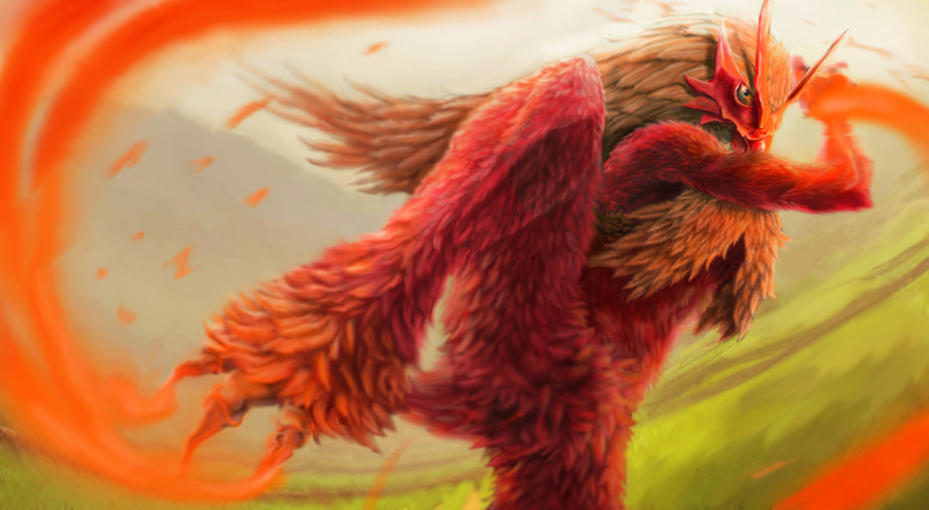 2016 3_toes amber_eyes ambiguous_gender anthro attack avian beak biped bird blaziken chenks-r claws detailed detailed_feathers digital_media_(artwork) digital_painting_(artwork) dutch_angle feathers featureless_crotch fighting_stance fire frown grass hi_res kick multicolored_feathers nintendo nude on_one_leg orange_beak orange_theme outside pok&eacute;mon pok&eacute;mon_(species) raised_arm raised_leg realistic red_feathers red_tail sky solo standing tail_feathers talons toe_claws toes two_tone_feathers video_games white_feathers