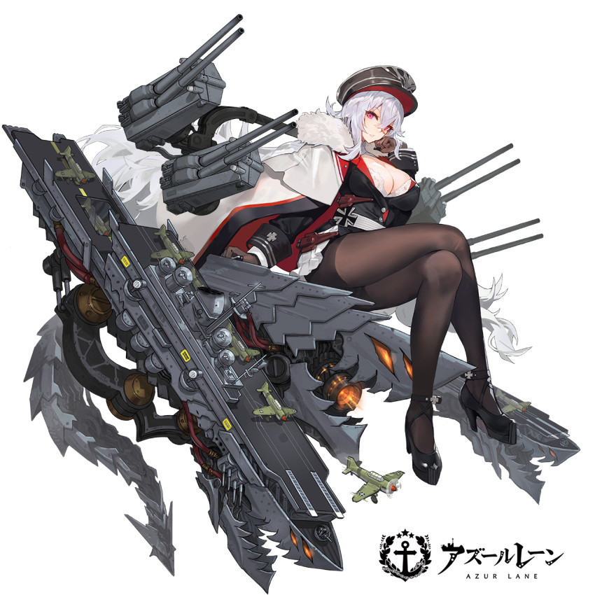 aircraft airplane azur_lane bangs black_footwear black_gloves black_hat black_legwear bra bra_peek breasts cleavage coat commentary_request copyright_name covered_nipples crossed_bangs crossed_legs eyebrows eyelashes flight_deck full_body gloves graf_zeppelin_(azur_lane) hair_between_eyes hat high_heels highres iron_cross kishiyo large_breasts long_hair looking_at_viewer military military_hat military_uniform miniskirt pantyhose parted_lips pink_eyes pleated_skirt purple_eyes revision ship silver_hair simple_background sitting skirt solo tachi-e turret underwear uniform very_long_hair watercraft white_background white_bra white_skirt